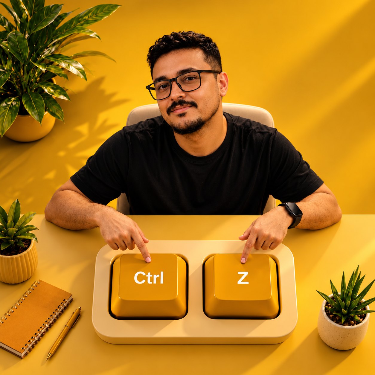Hombre presionando las teclas Ctrl y Z sobre un escritorio amarillo
