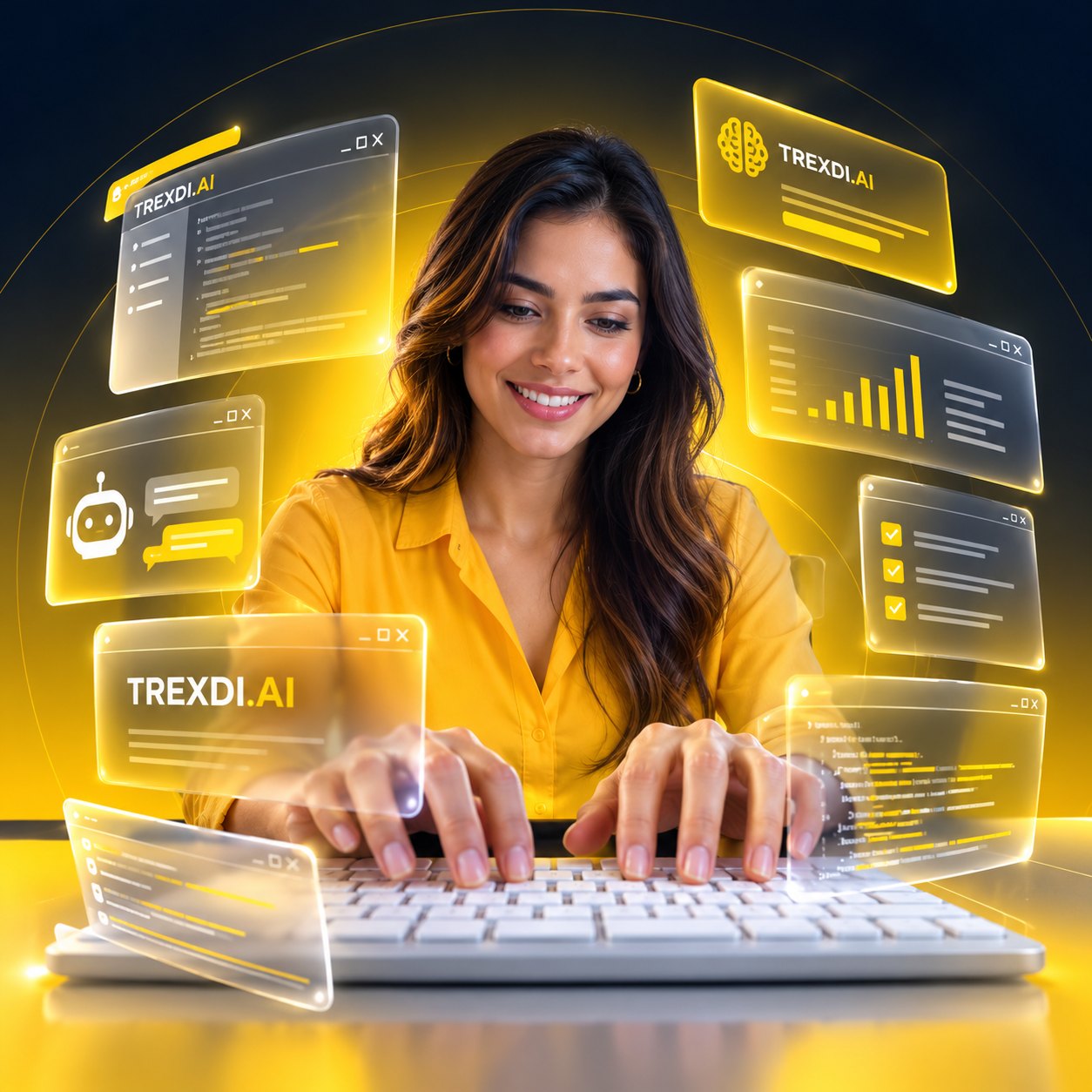 Mujer trabajando con las ventanas de la plataforma TREXDI.AI
